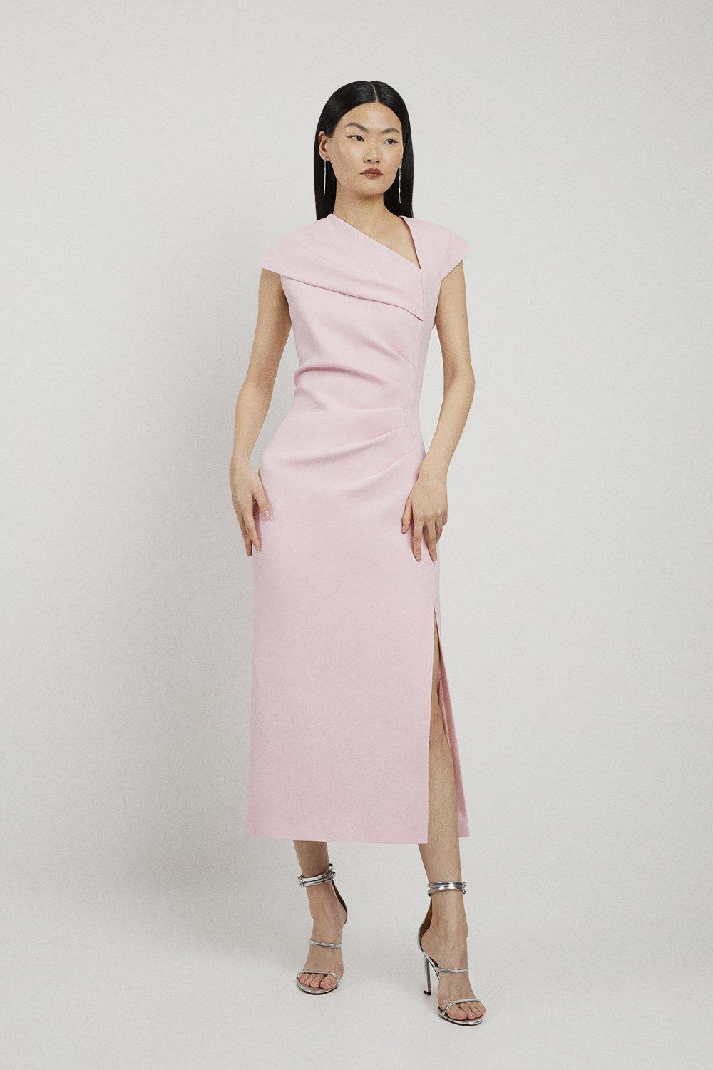 KAREN MILLEN Structured Crepe Asymmetric Tuck Detail fashion Midi Dress